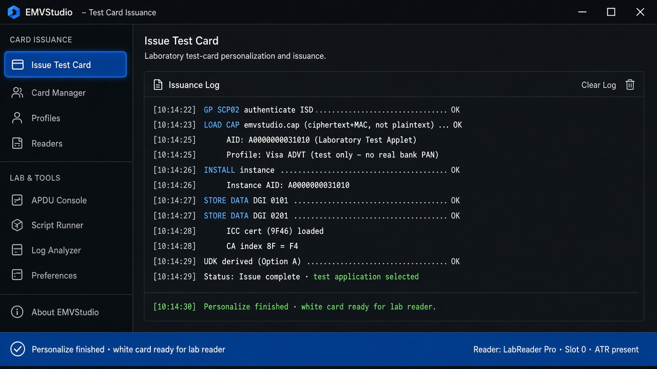 Laboratory card personalization in EMVStudio